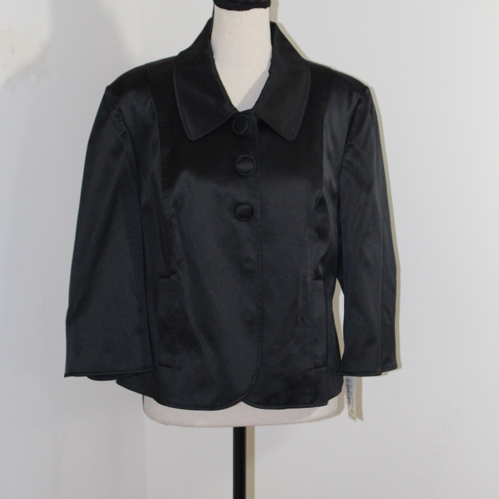 LAL Live A Little , Elegant Black Satin Jacket, 3/4 sleeves